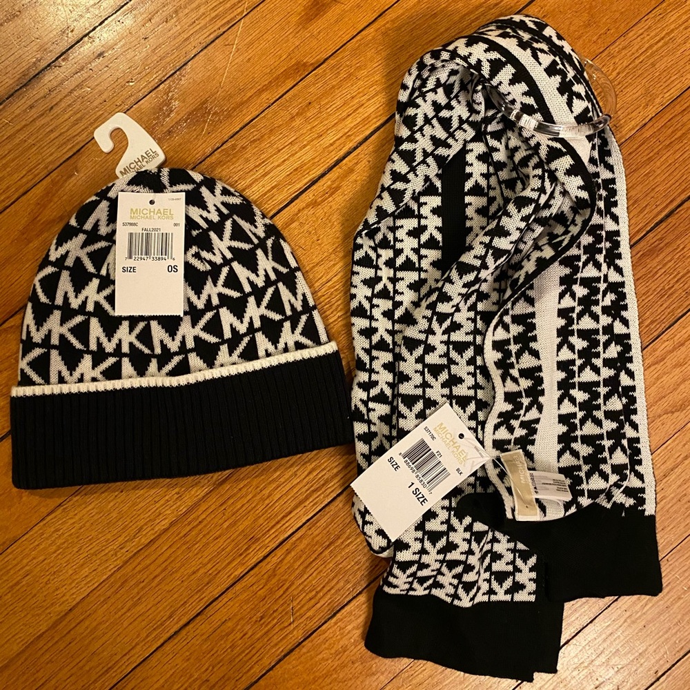 Michael Kors NTW black and white hat and scarf